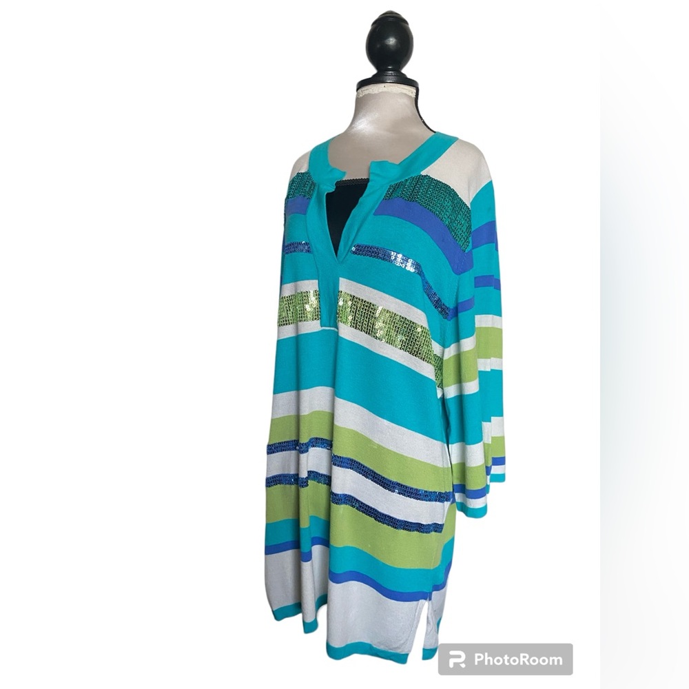 Marina Rinaldi V-Neck Multi-Colored Sequins Tunic/Blouse Size L